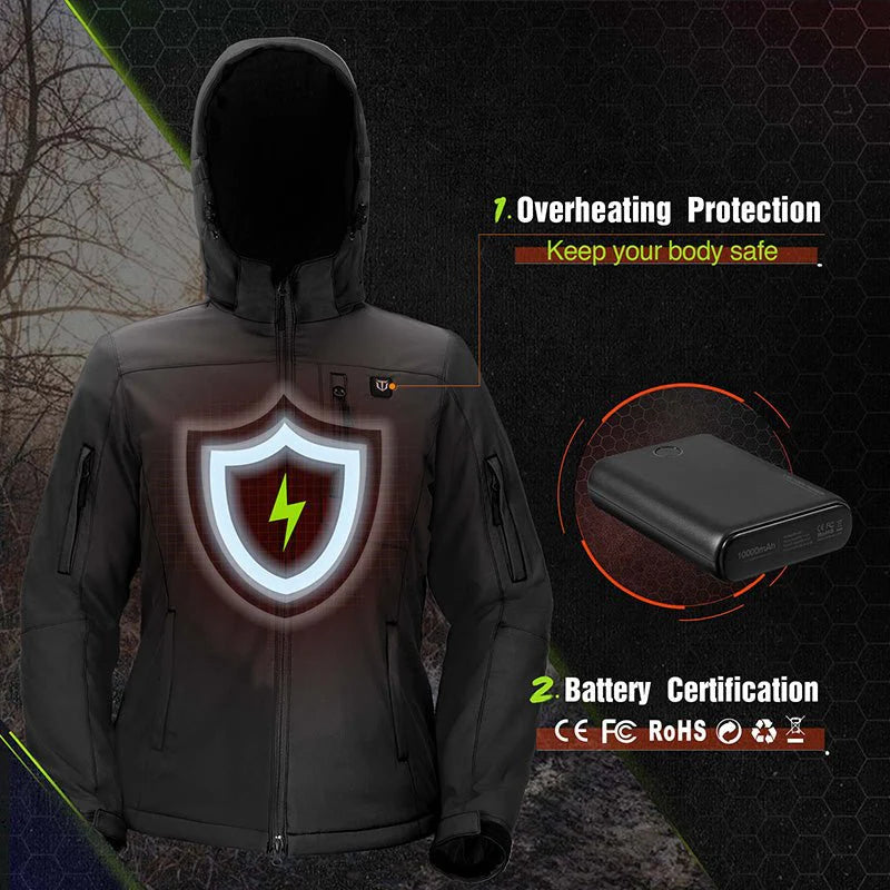 Heated Jacket | Waterproof Heated Softshell Hunting Coat with 5V Battery Pack & Detachable Hood | Plus Size Heated Camo & Fishing Jackets