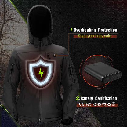 Heated Jacket | Waterproof Heated Softshell Hunting Coat with 5V Battery Pack & Detachable Hood | Plus Size Heated Camo & Fishing Jackets