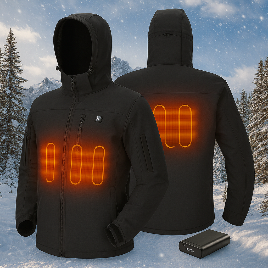 Heated Jacket | Waterproof Heated Softshell Hunting Coat with 5V Battery Pack & Detachable Hood | Plus Size Heated Camo & Fishing Jackets