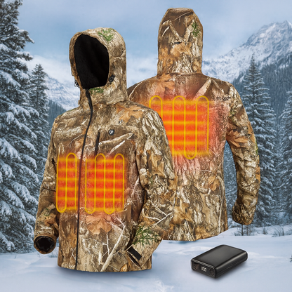 Heated Jacket | Waterproof Heated Softshell Hunting Coat with 5V Battery Pack & Detachable Hood | Plus Size Heated Camo & Fishing Jackets
