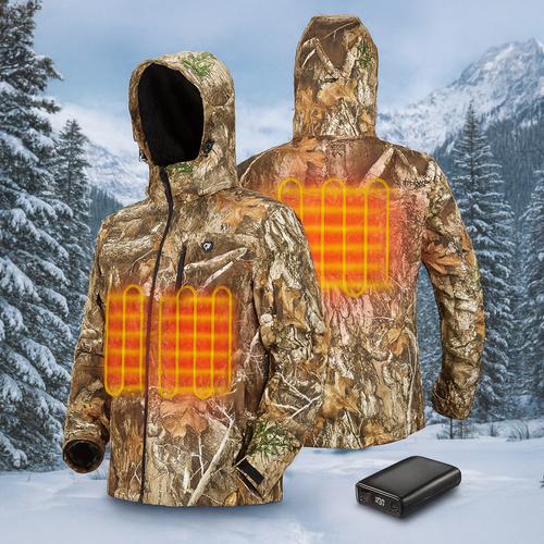 Heated Jacket | Waterproof Heated Softshell Hunting Coat with 5V Battery Pack & Detachable Hood | Plus Size Heated Camo & Fishing Jackets