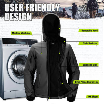 Heated Jacket | Waterproof Heated Softshell Hunting Coat with 5V Battery Pack & Detachable Hood | Plus Size Heated Camo & Fishing Jackets
